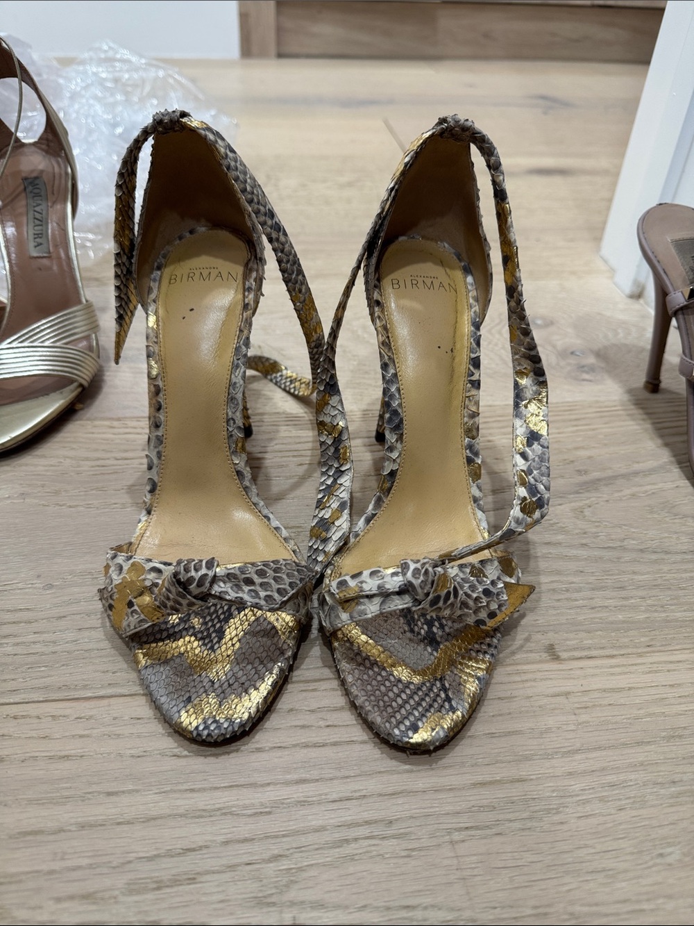 Alexandre Birman Gold and Taupe Snakeskin Wrap-Heel Sandals